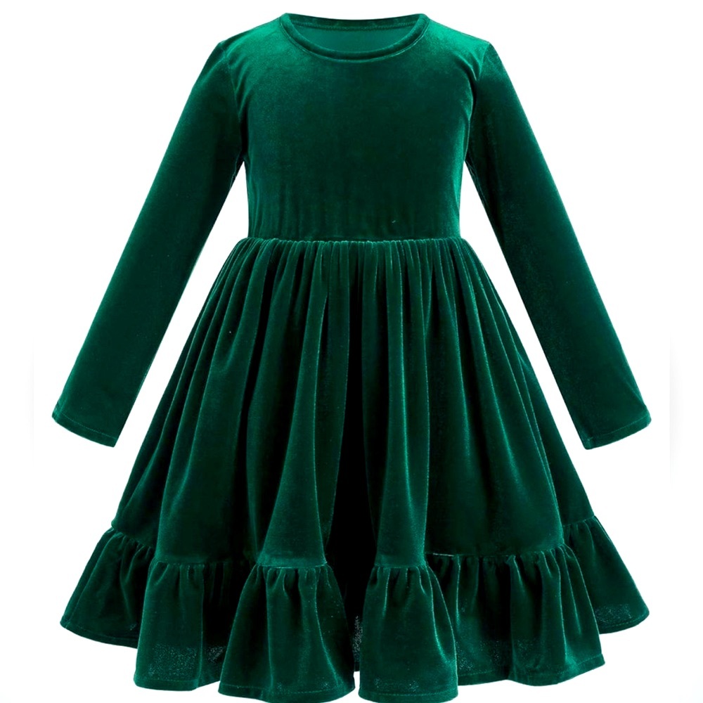 Girl’s Long Sleeve Velvet Dress in Winter Green Ruffle